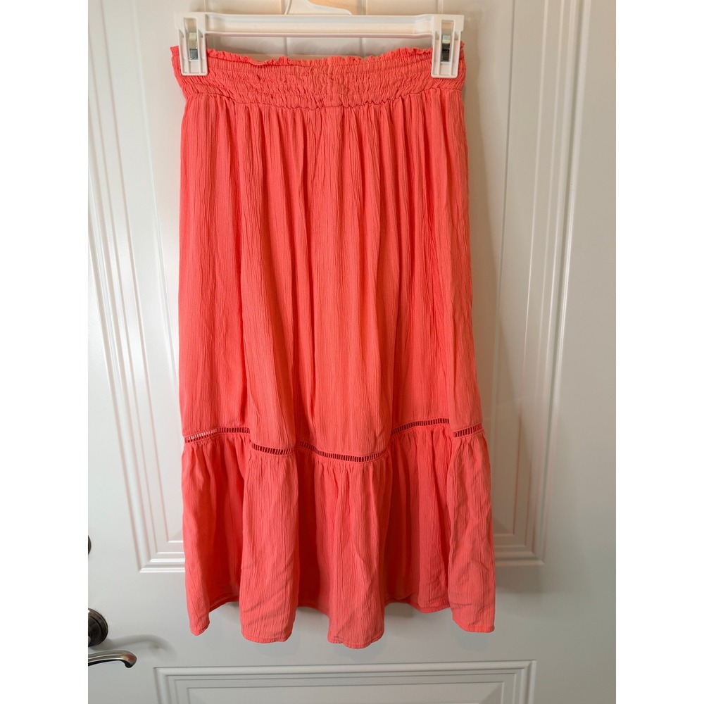 SO Goods For Life Coral Pink Button Front Smocked Midi Skirt Boho Size M 8 - Picture 2 of 3